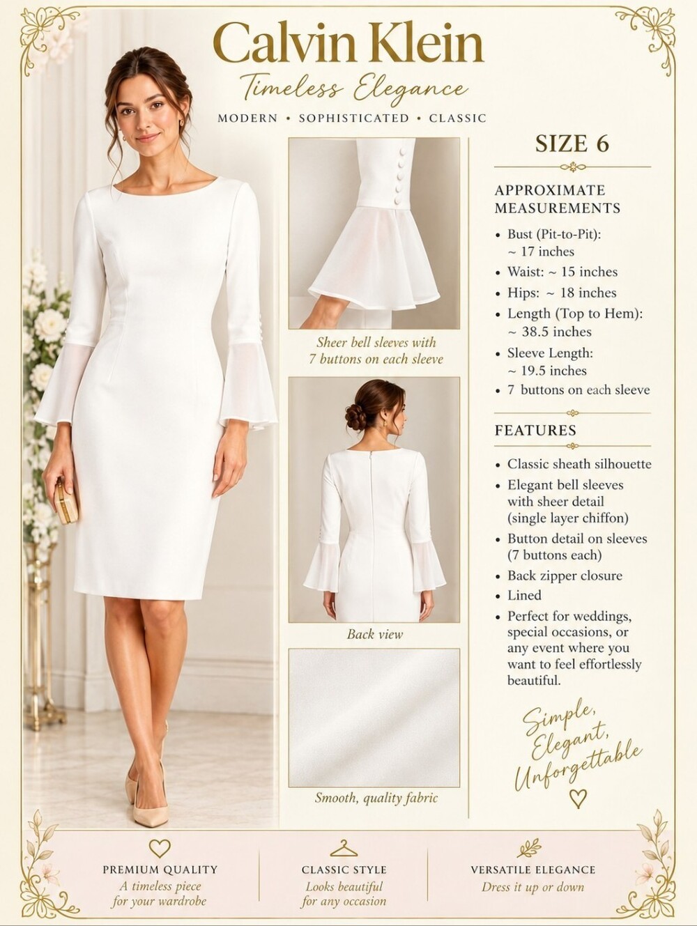 Calvin Klein Size 6 Ivory Sheath Dress Sheer Bell Sleeves Button Detail Lined